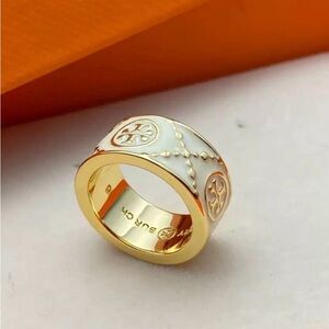 Tory Burch Gold and White Logo Ring